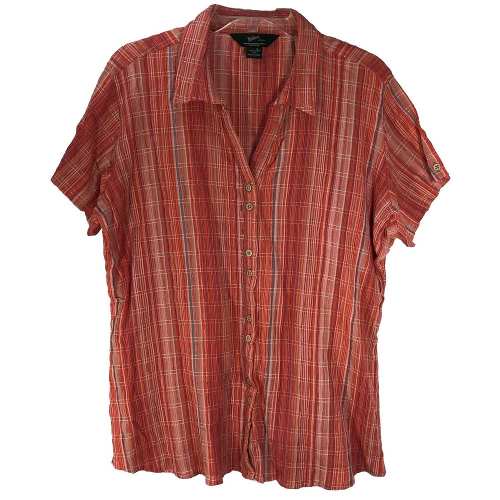 Woolrich Size XXL Crinkle Weave Orange Pink Plaid Button Up Shirt-242